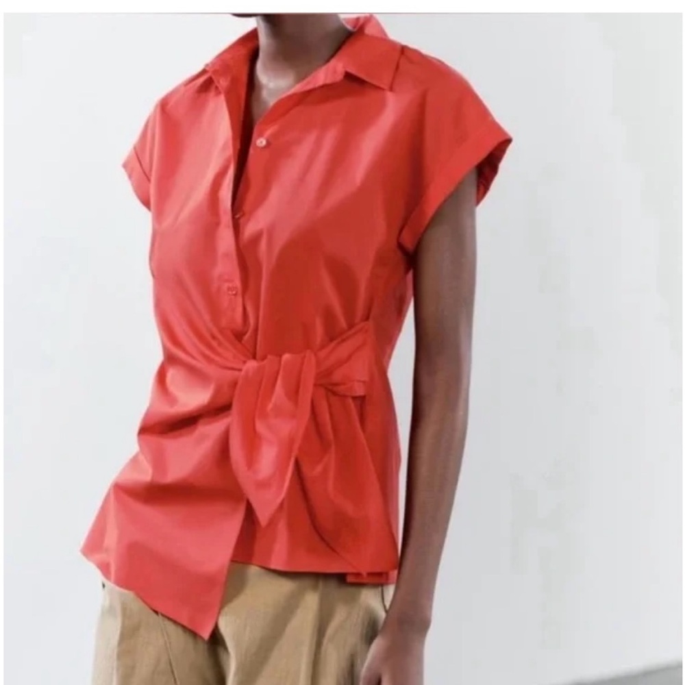 ZW COLLECTION KNOTTED POPLIN SHIRT RED. Size L, M - Picture 5 of 10